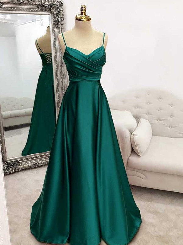 A-Line Princess Satin Ruffles V Neck Sleeveless Sweep Train Dresses