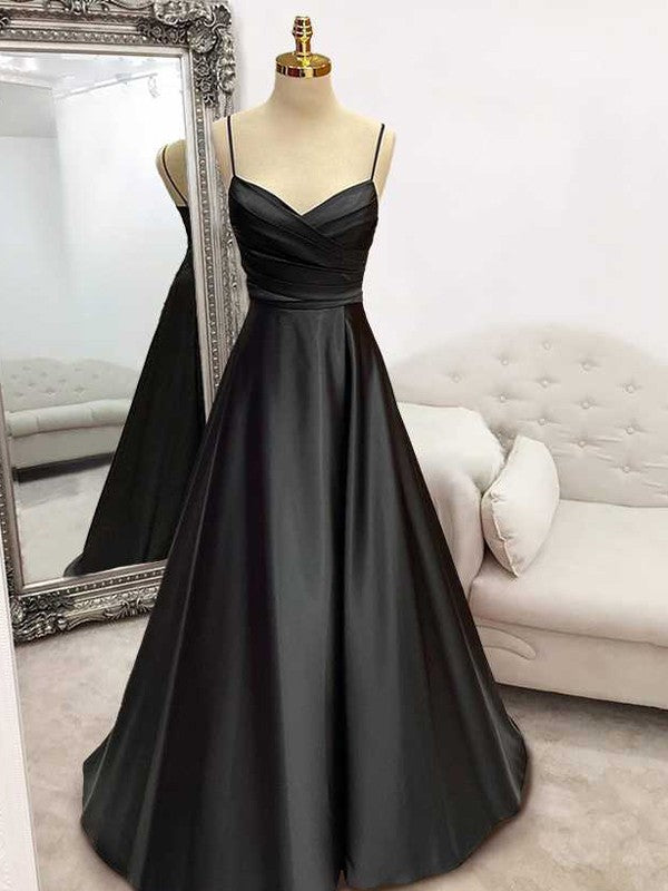 A-Line Princess Satin Ruffles V Neck Sleeveless Sweep Train Dresses