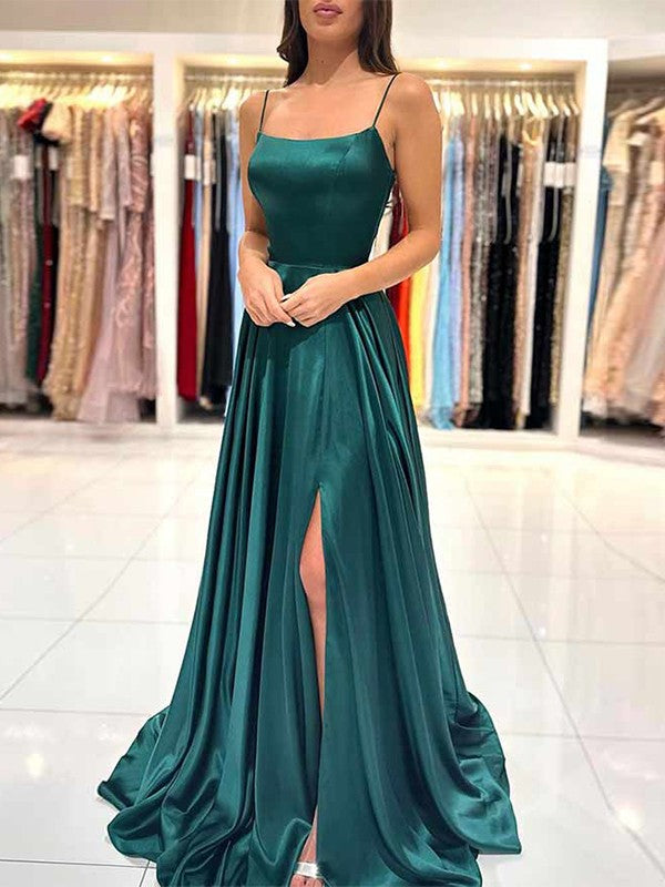 A-Line Princess Silk like Satin Ruffles Spaghetti Straps Sleeveless Floor Length Dresses