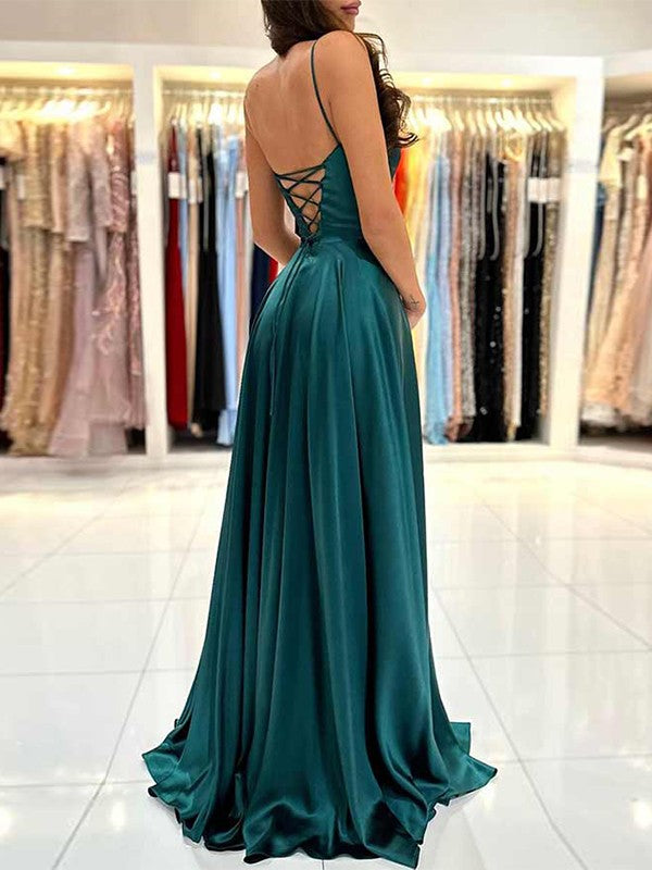 A-Line Princess Silk like Satin Ruffles Spaghetti Straps Sleeveless Floor Length Dresses